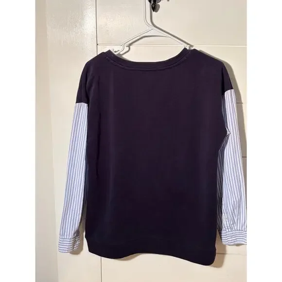 Talbots Navy Blue Striped Sleeve Sweatshirt | Preppy Chic Colorblock Top Size M - Picture 2 of 5